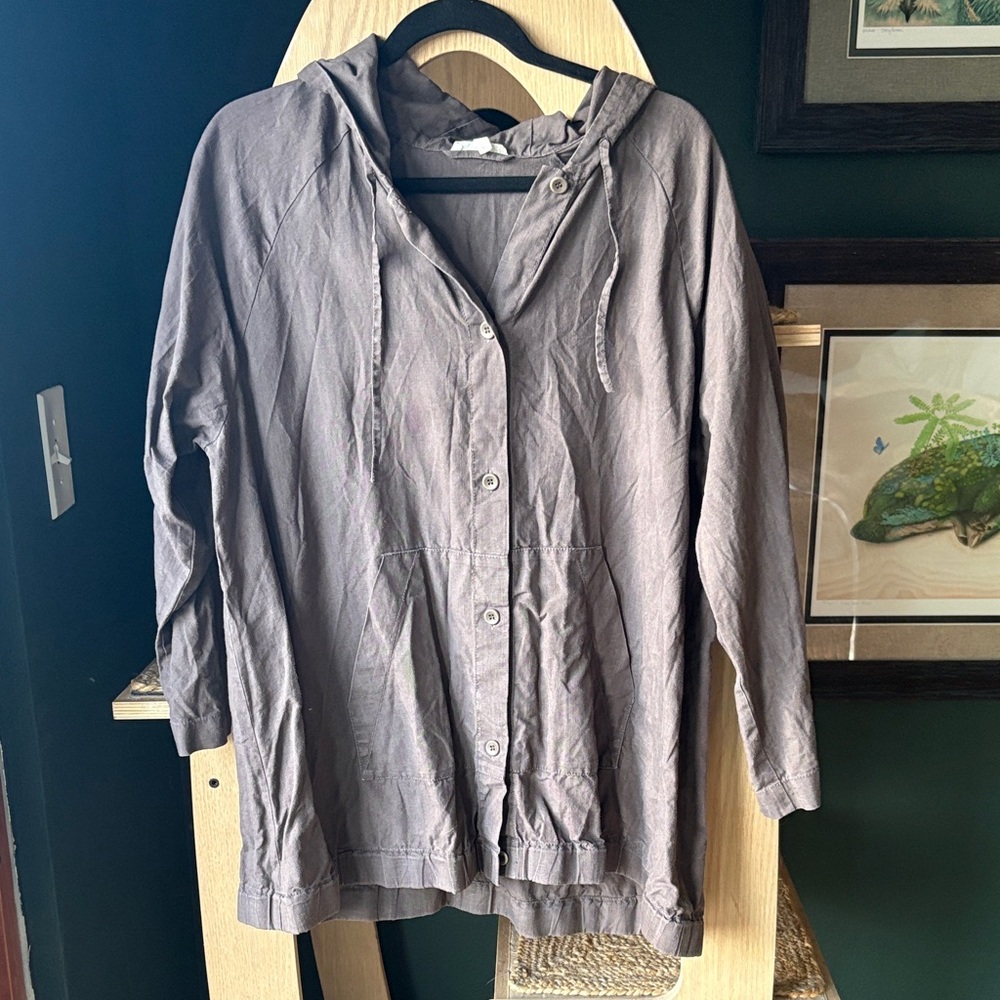 Hooded Button-Front Blouse Organic Linen Eileen Fisher Large